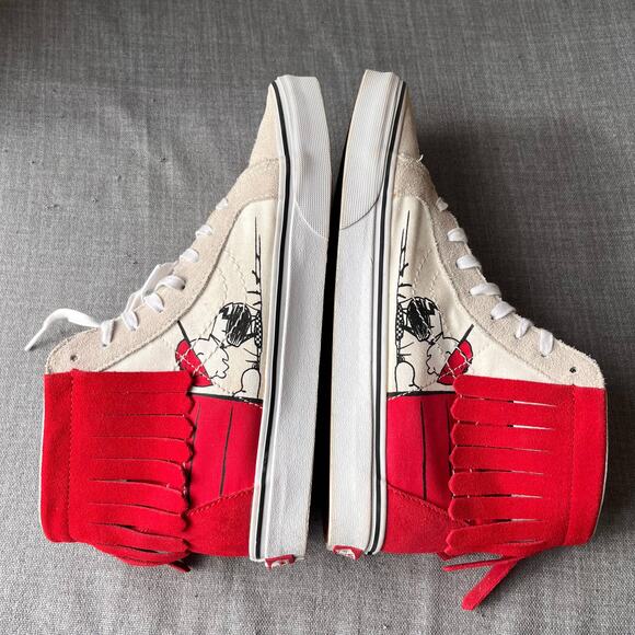 VANS x PEANUTS SK8-Hi Moc Sneakers Womens 10 Mens 8.5 Red Suede Fringe Snoopy - Picture 2 of 10